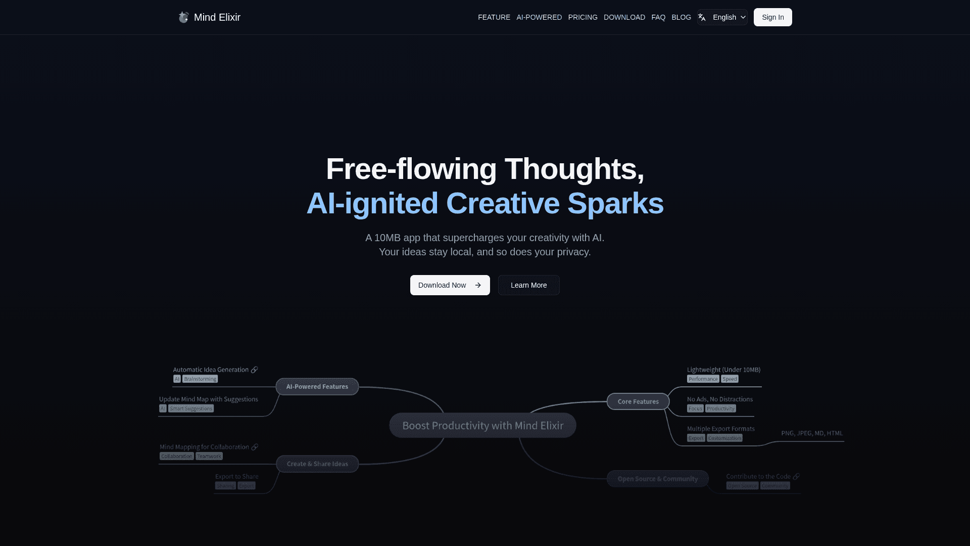 Mind Elixir - AI-Powered Mind Mapping product preview for startup listing on Aura++