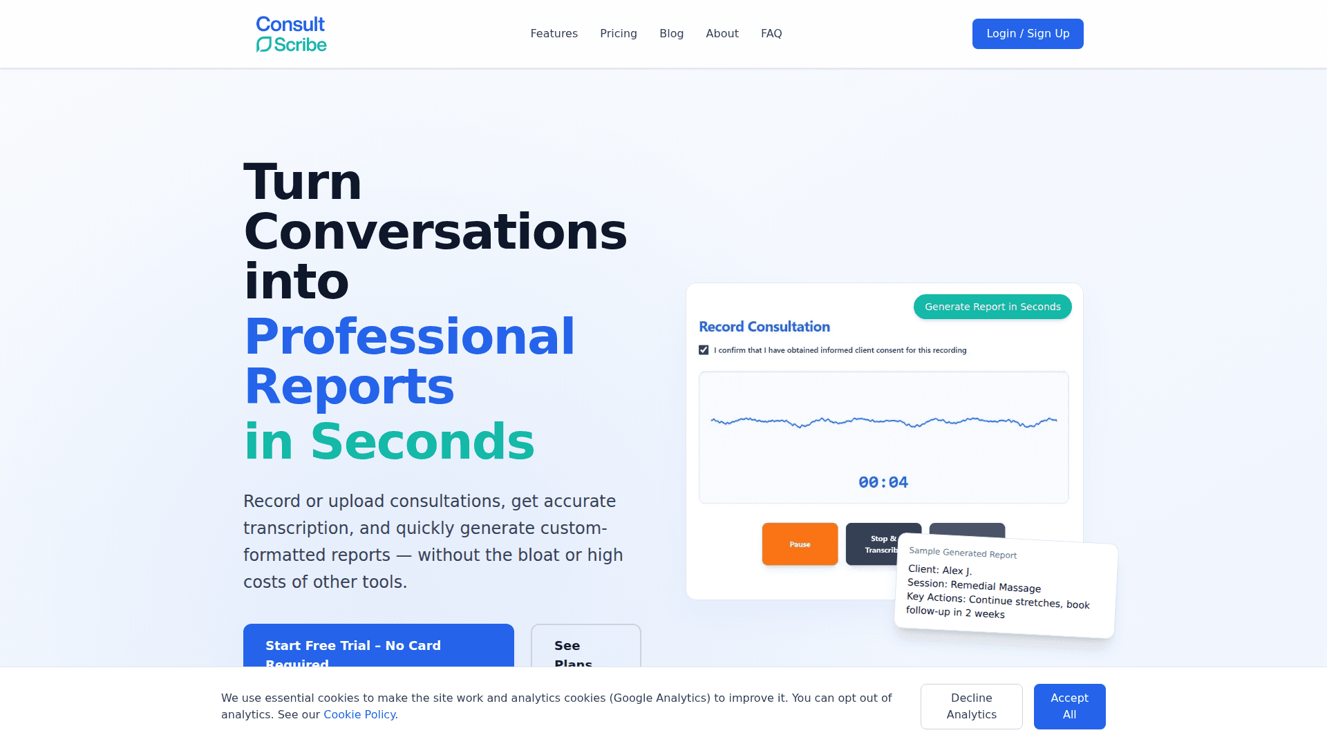 ConsultScribe - AI Transcription & Reporting product preview for startup listing on Aura++