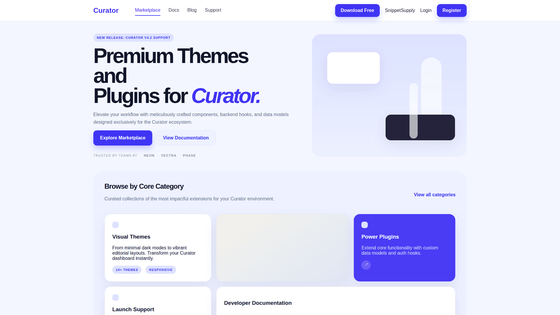 Curator Marketplace & Extension Platform product preview for startup listing on Aura++