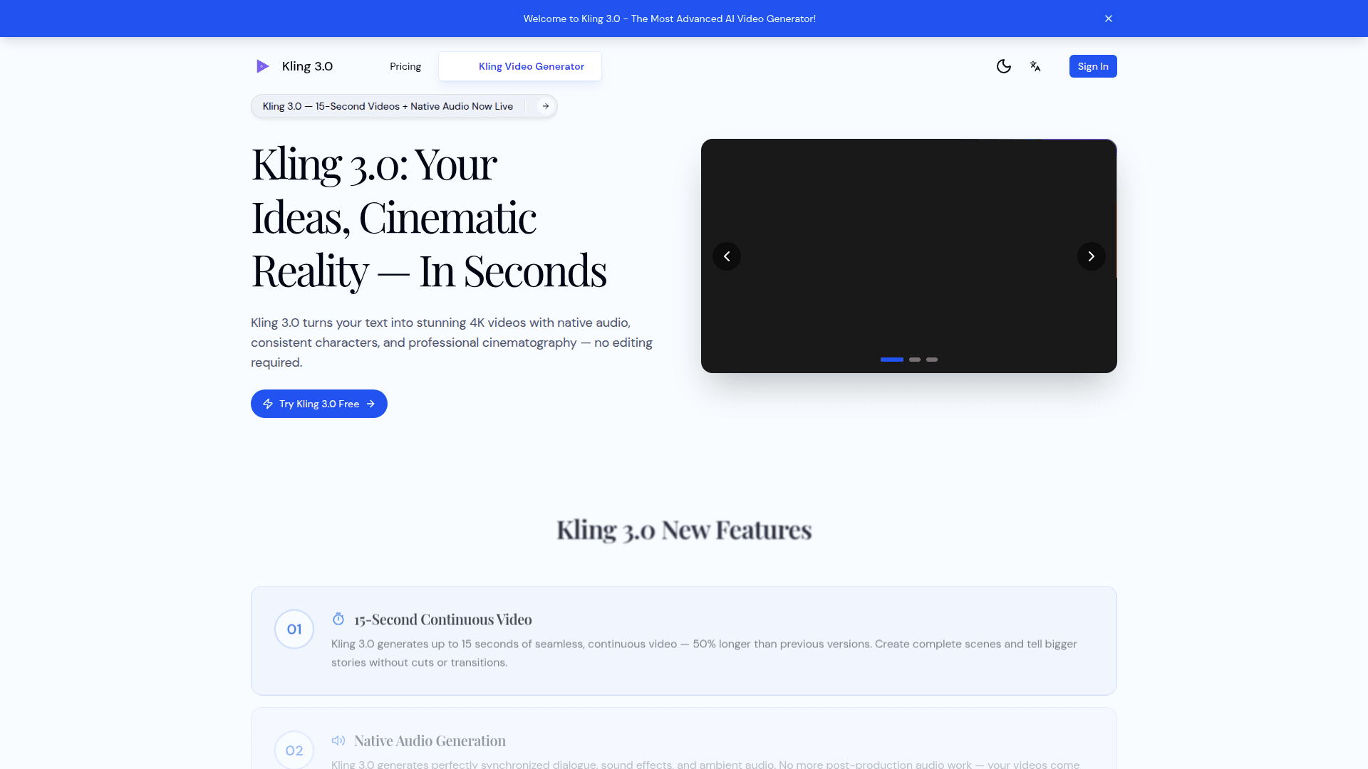 Kling 3.0 AI Video Generator product preview for startup listing on Aura++
