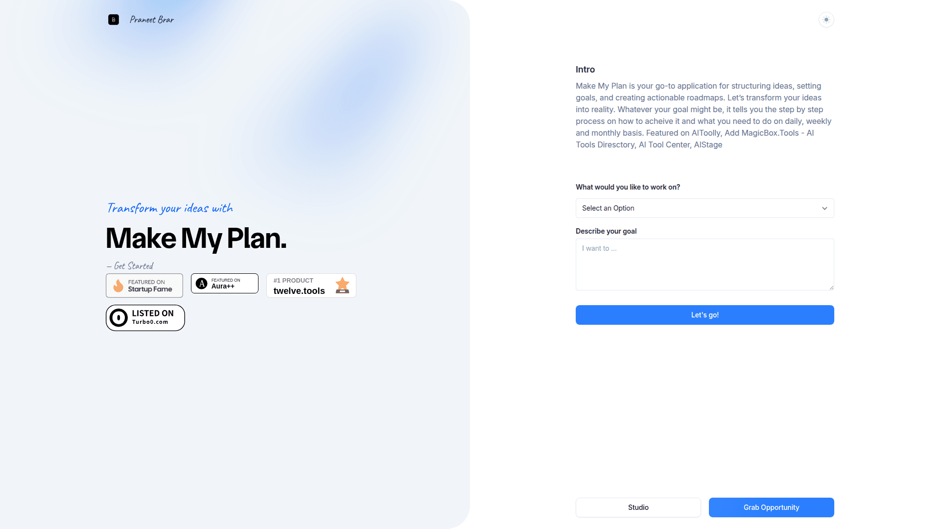 Make My Plan - Goal Structuring App product preview for startup listing on Aura++