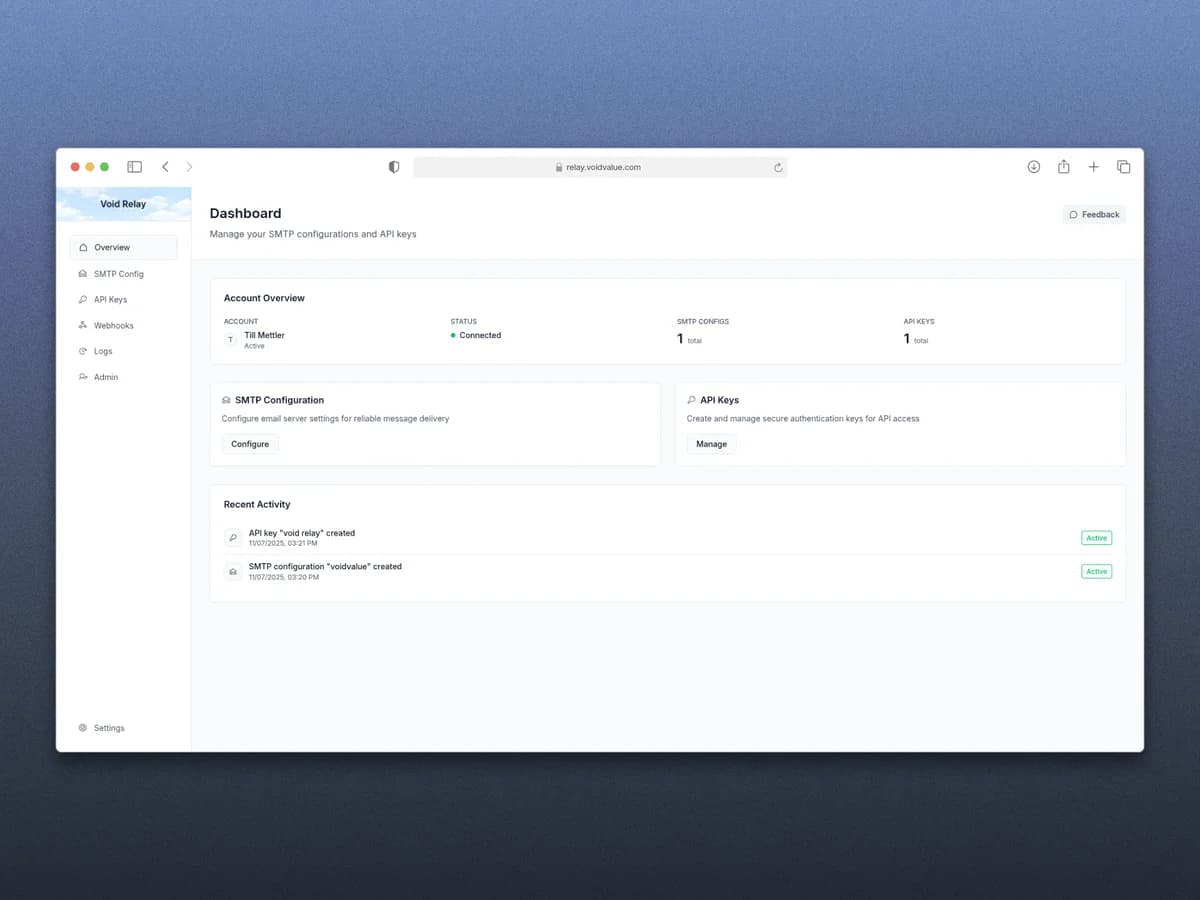 Void Relay - Email Api product preview for startup listing on Aura++