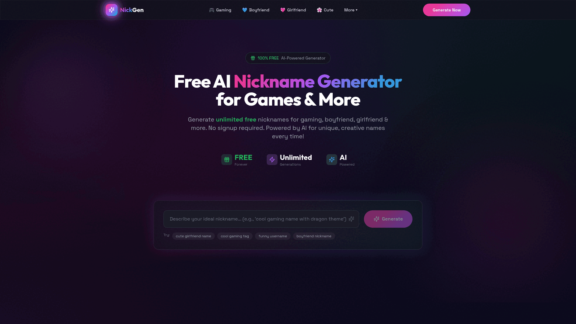 NickGen AI Nickname Generator product preview for startup listing on Aura++