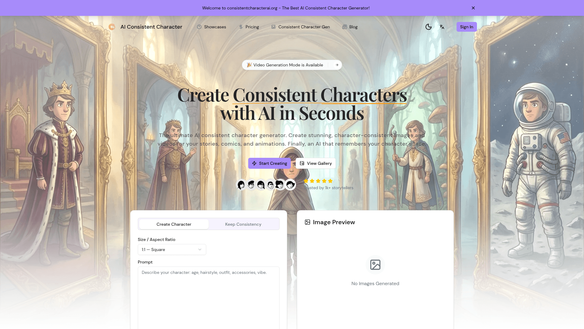 AI Consistent Character Generator product preview for startup listing on Aura++