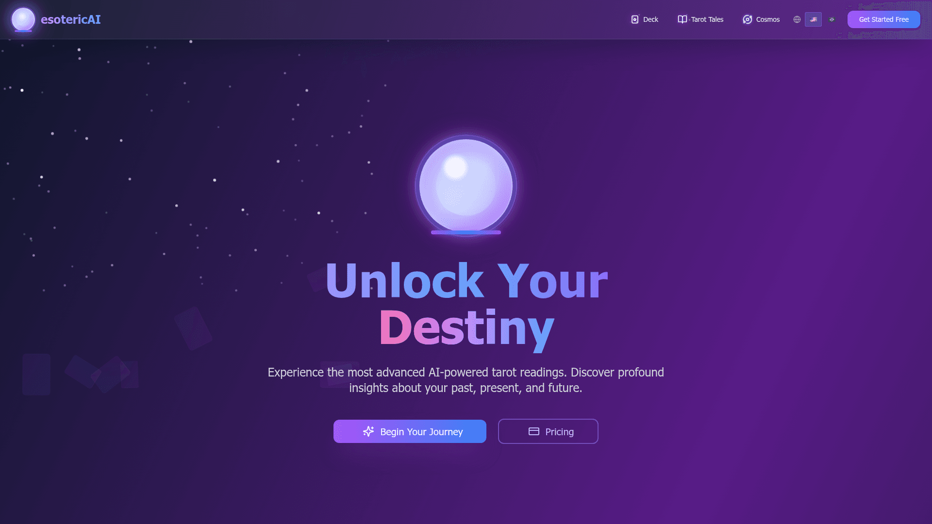 esotericAI: Tarot & Cosmic Insights Platform product preview for startup listing on Aura++
