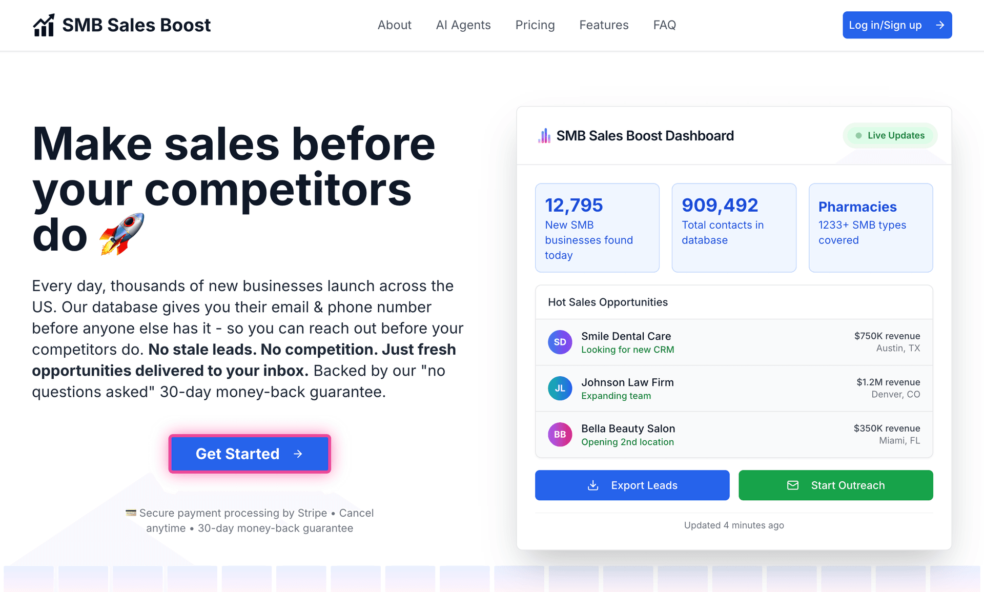 SMB Leads Database & Outreach Platform product preview for startup listing on Aura++