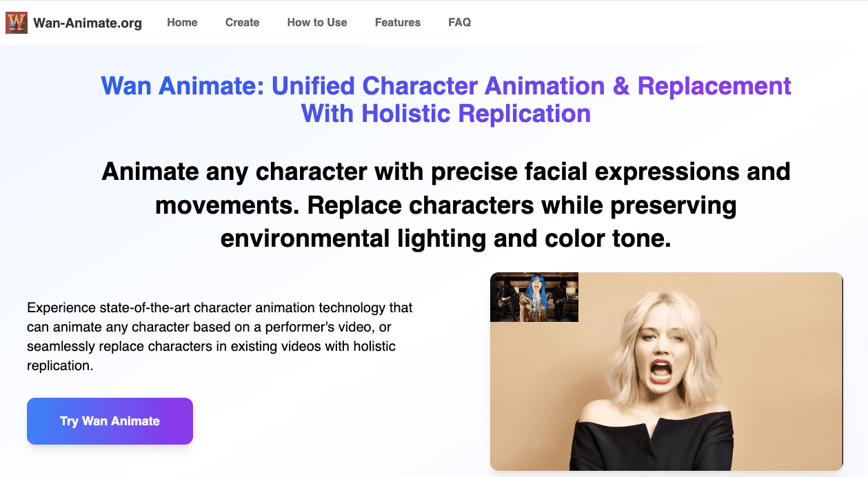 Wan Animate | AI Character Animation Tool product preview for startup listing on Aura++