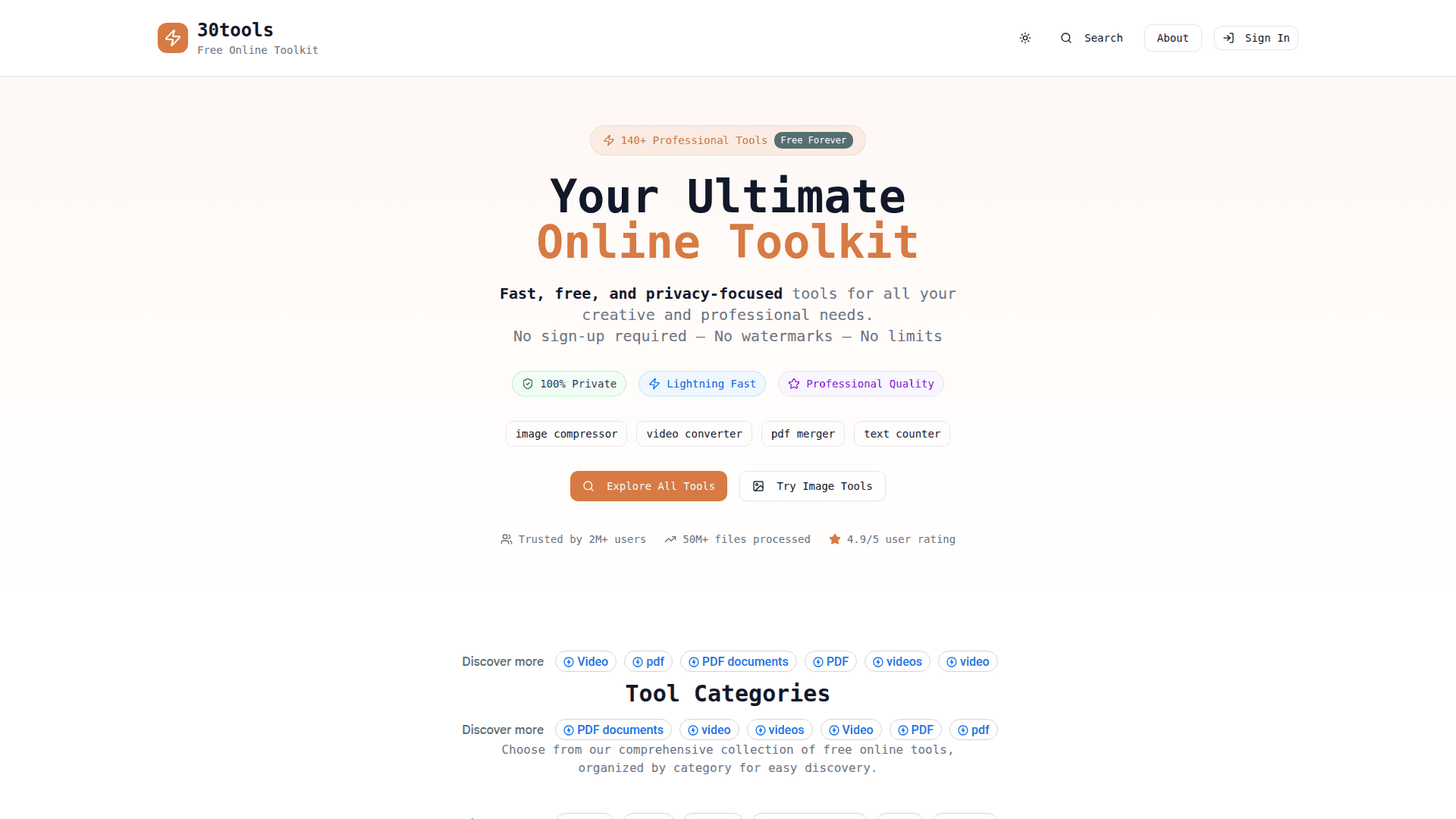 30Tools Free Online Toolkit product preview for startup listing on Aura++