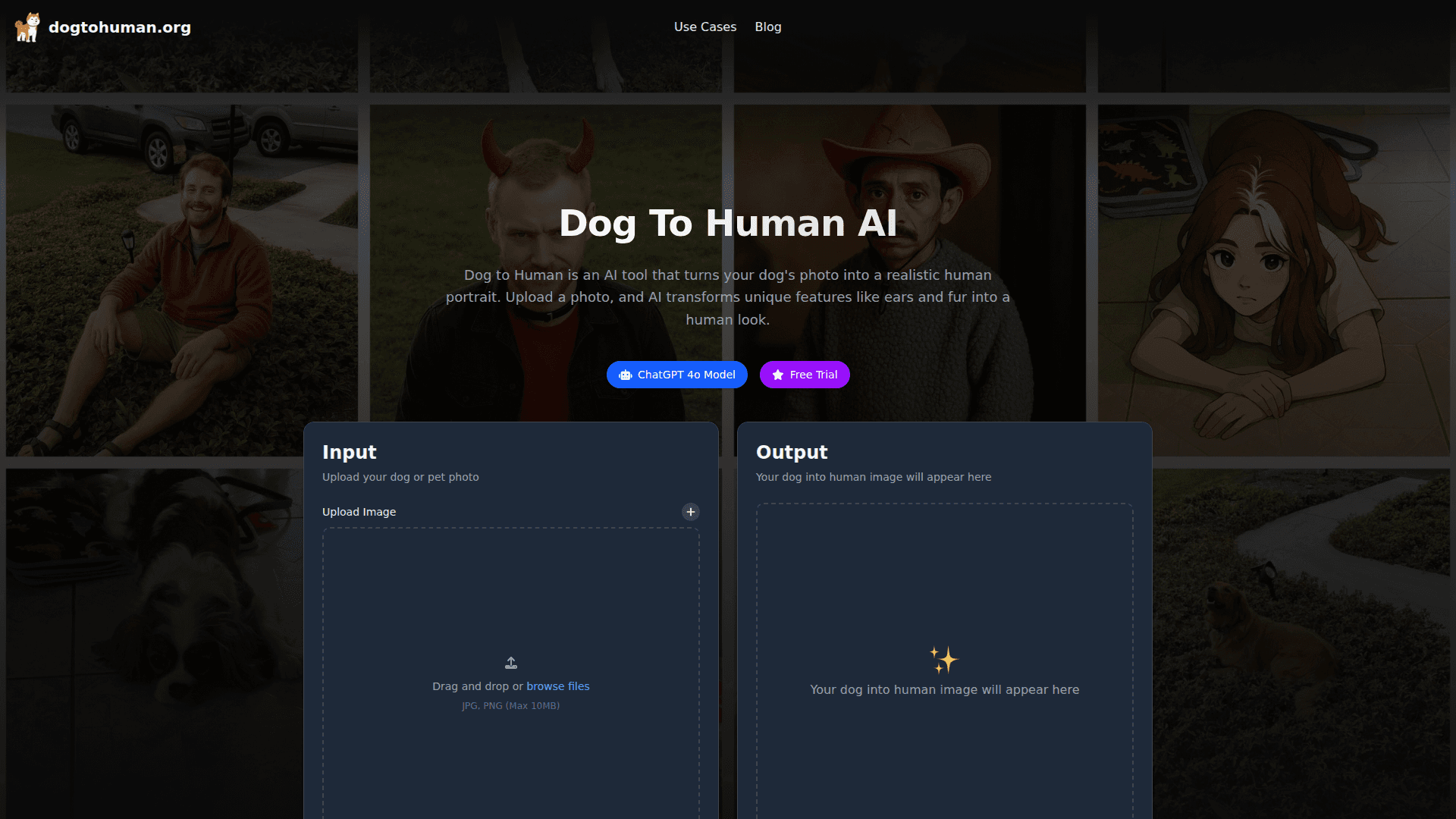 Dog to Human AI Converter product preview for startup listing on Aura++