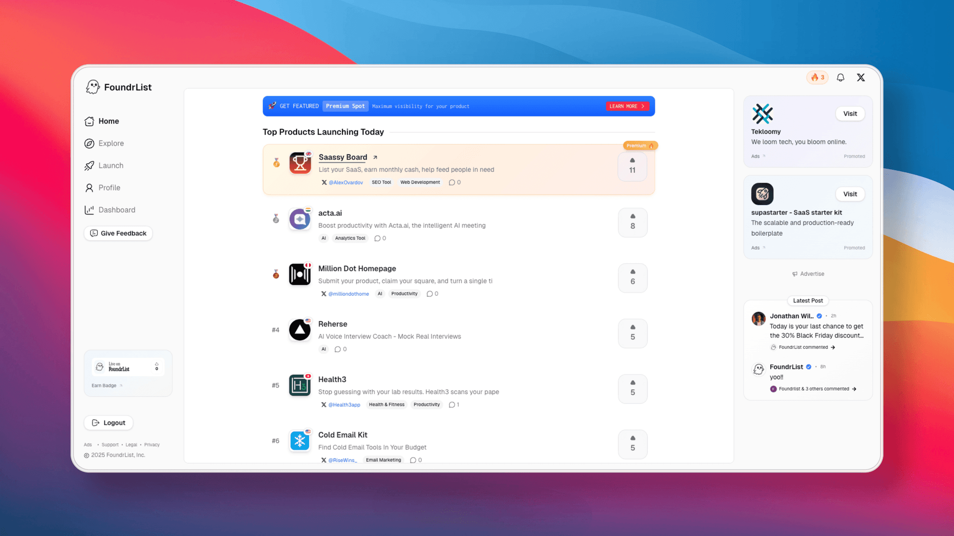FoundrList - Startup Discovery Platform product preview for startup listing on Aura++