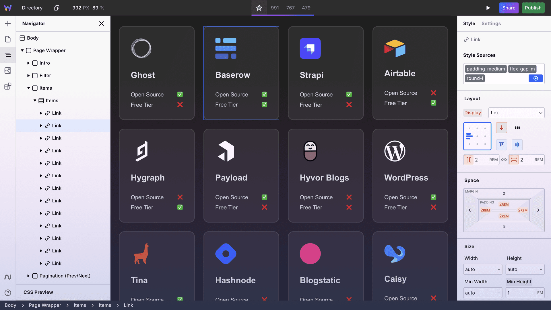 Webstudio product preview for startup listing on Aura++