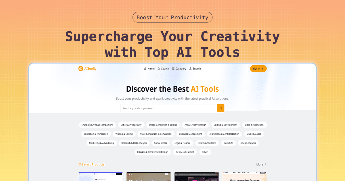 AIToolly - AI Tools Directory product preview for startup listing on Aura++