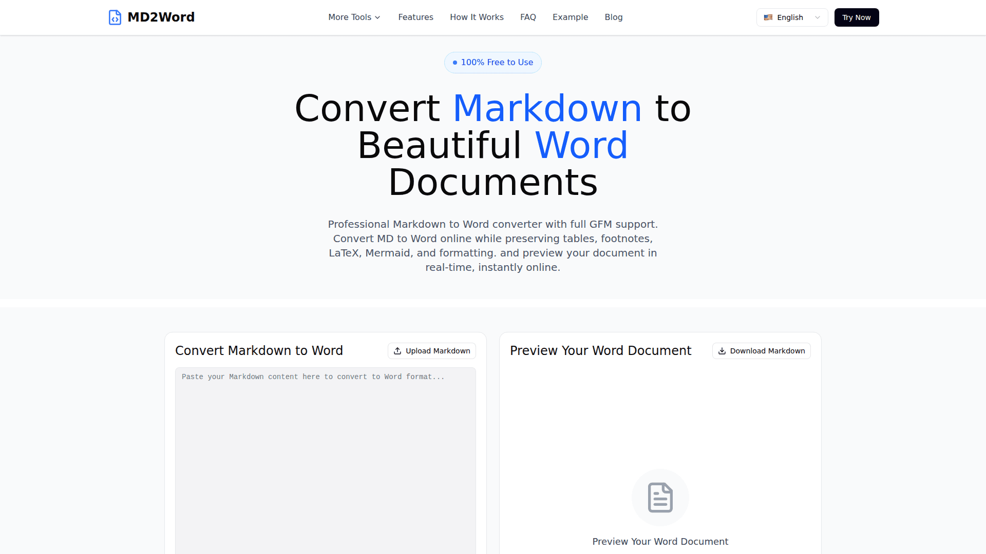 MD2Word: Markdown to Word Converter product preview for startup listing on Aura++