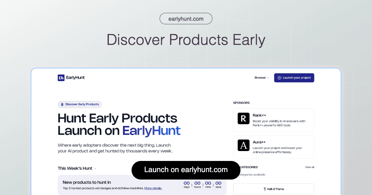 EarlyHunt - AI Weekly Launch Platform product preview for startup listing on Aura++