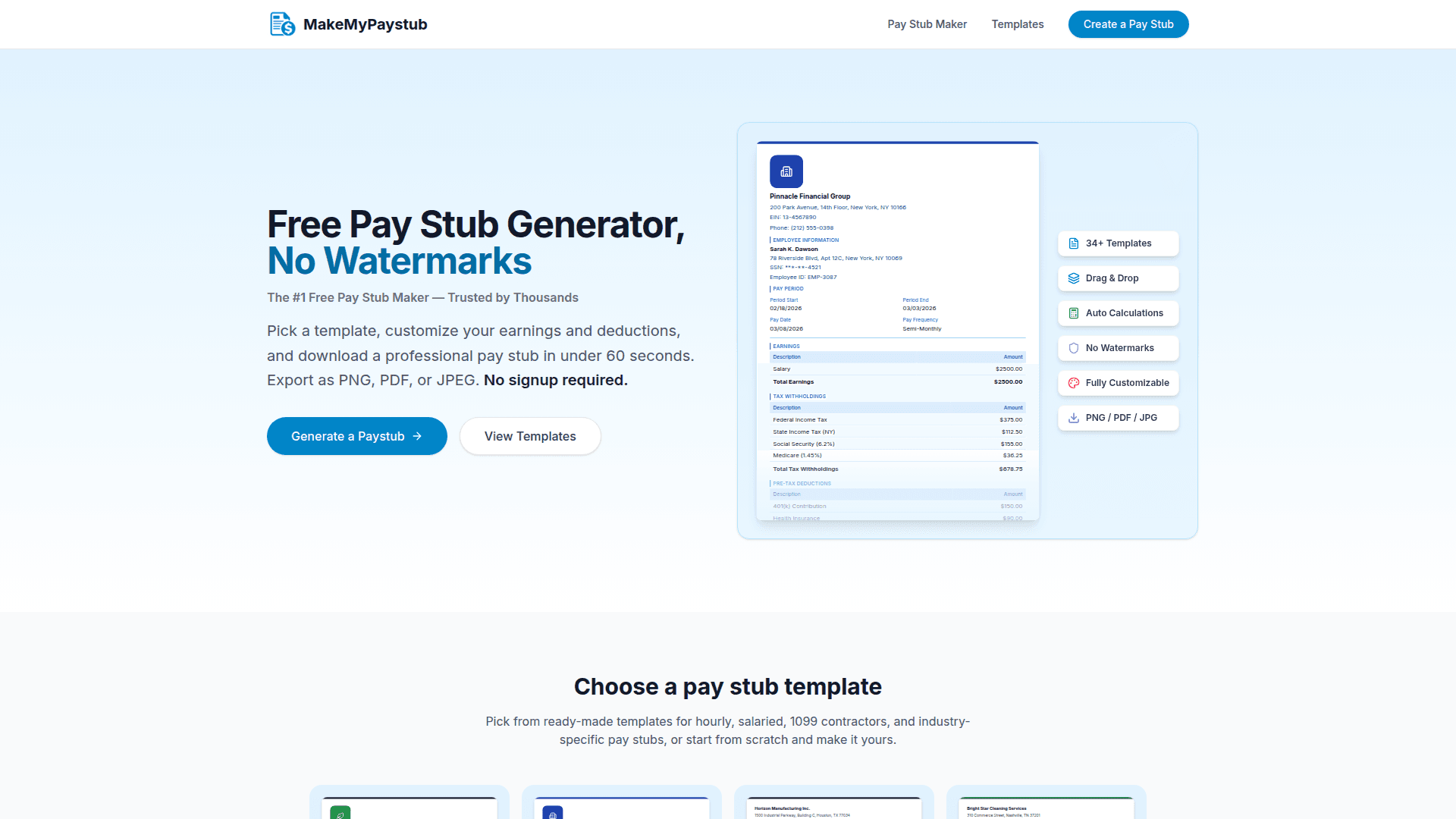 MakeMyPaystub - Free Pay Stub Generator product preview for startup listing on Aura++