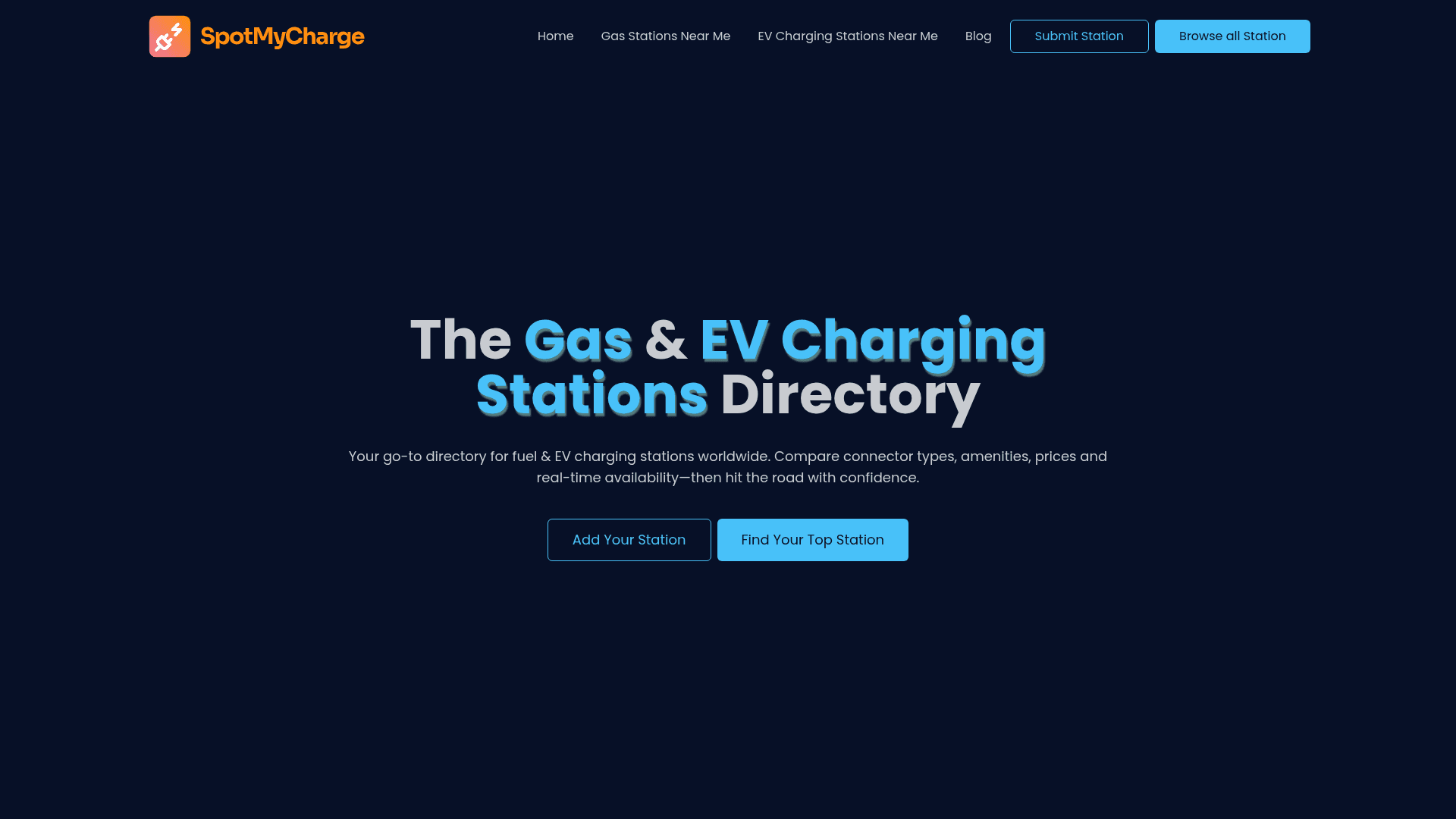 SpotMyCharge - Global EV & Fuel Station Directory product preview for startup listing on Aura++