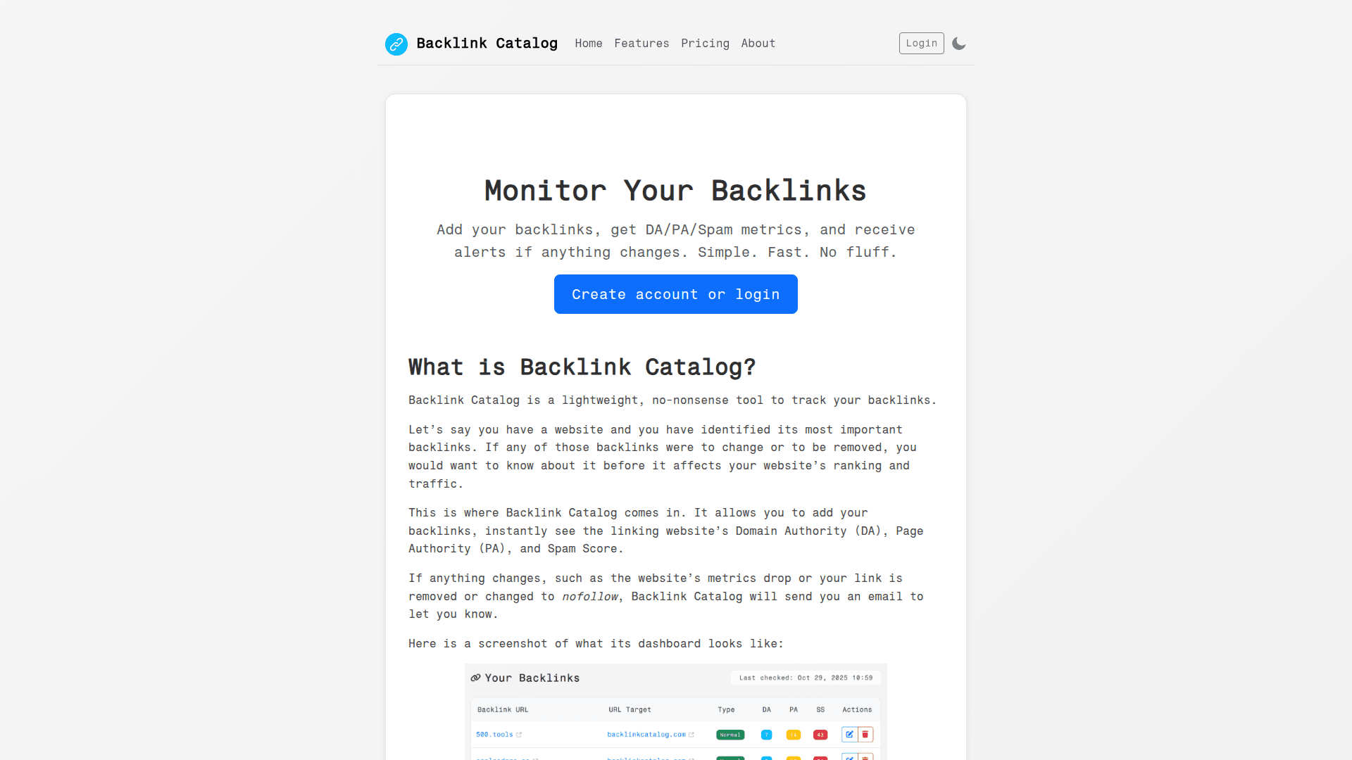Backlink Monitoring Tool product preview for startup listing on Aura++