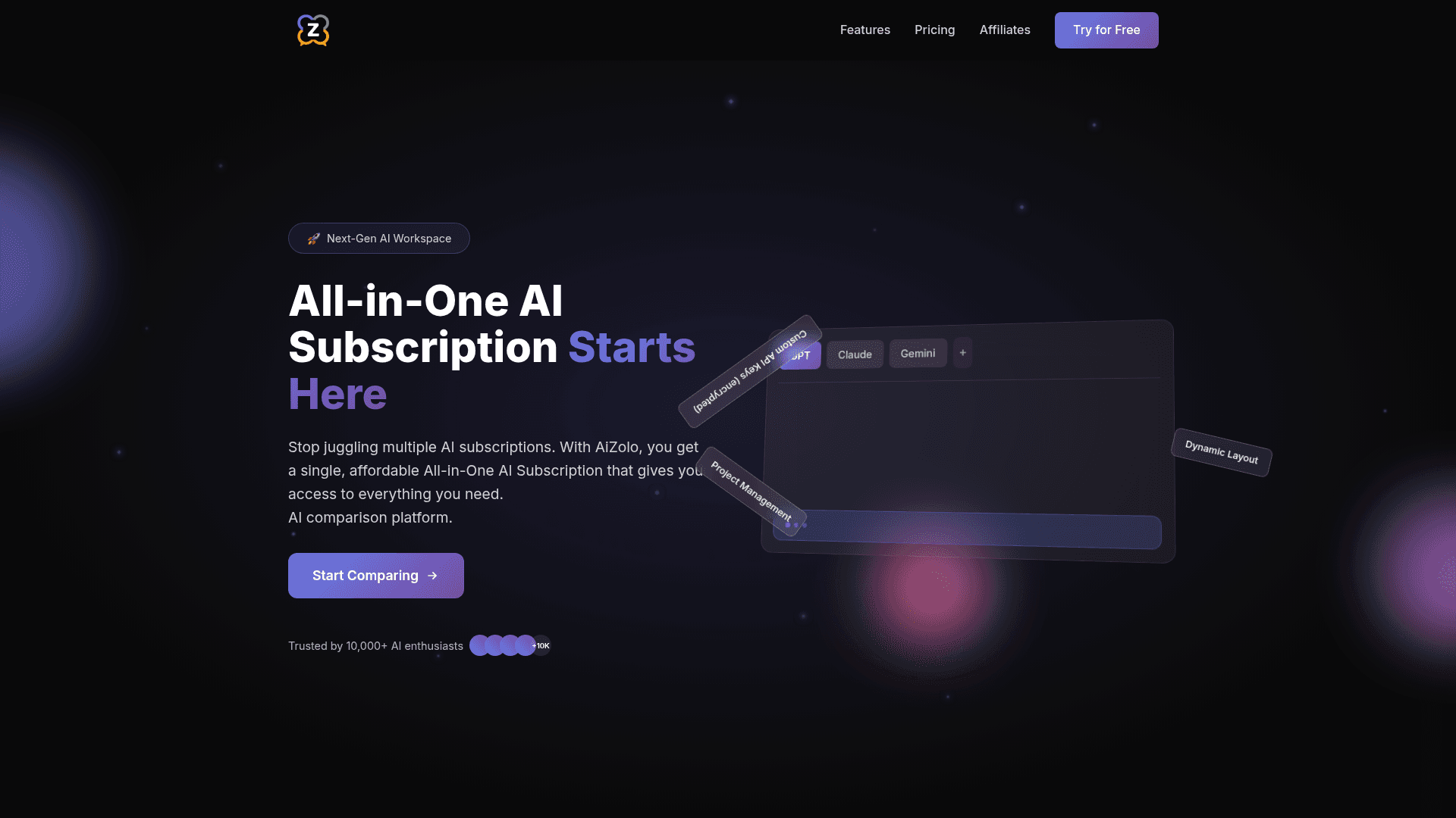 AiZolo All-in-One AI Workspace product preview for startup listing on Aura++