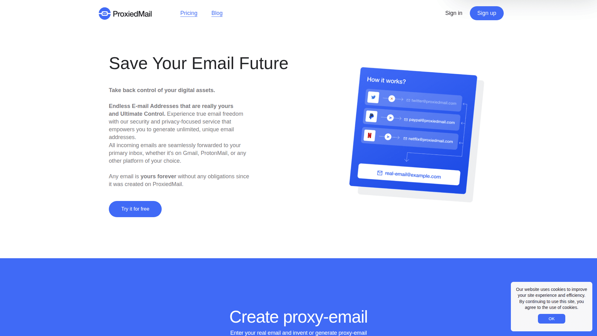 ProxiedMail - Email Privacy & Forwarding product preview for startup listing on Aura++