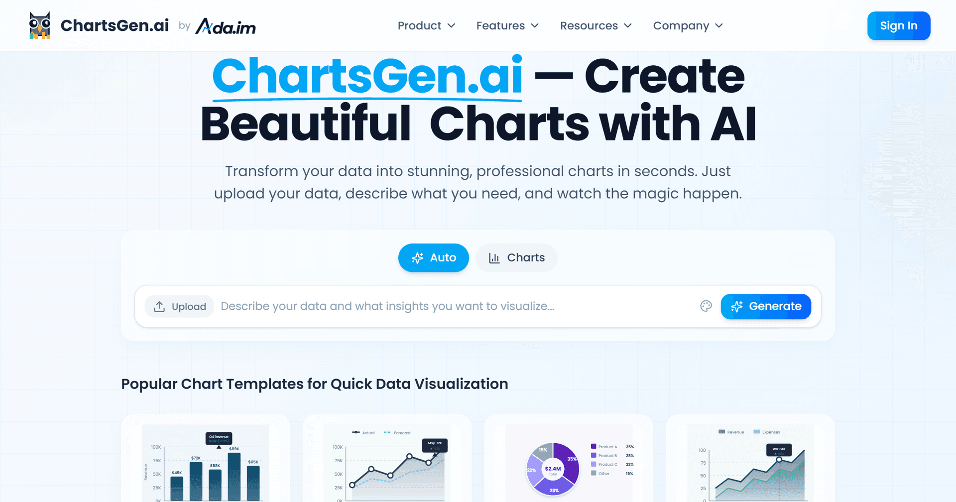 ChartGen.ai product preview for startup listing on Aura++