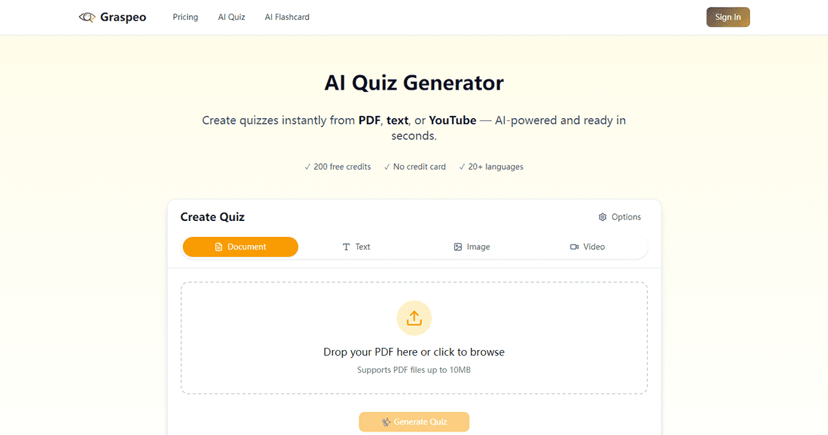Graspeo AI Quiz Generator product preview for startup listing on Aura++