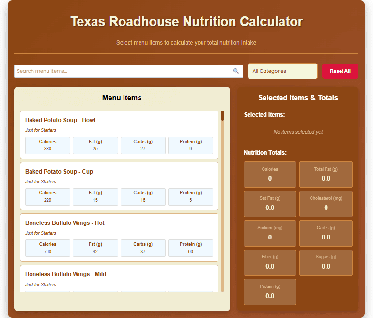 Texas Roadhouse Nutrition Calculator product preview for startup listing on Aura++