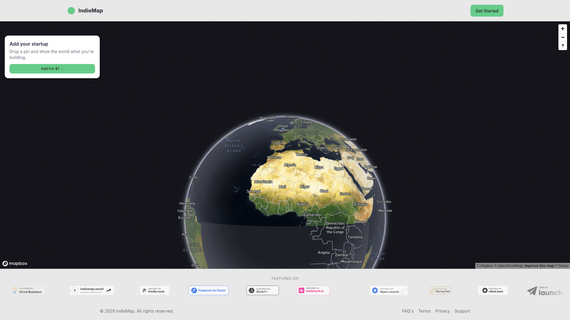 IndieMap - Live Indie Builder Map product preview for startup listing on Aura++