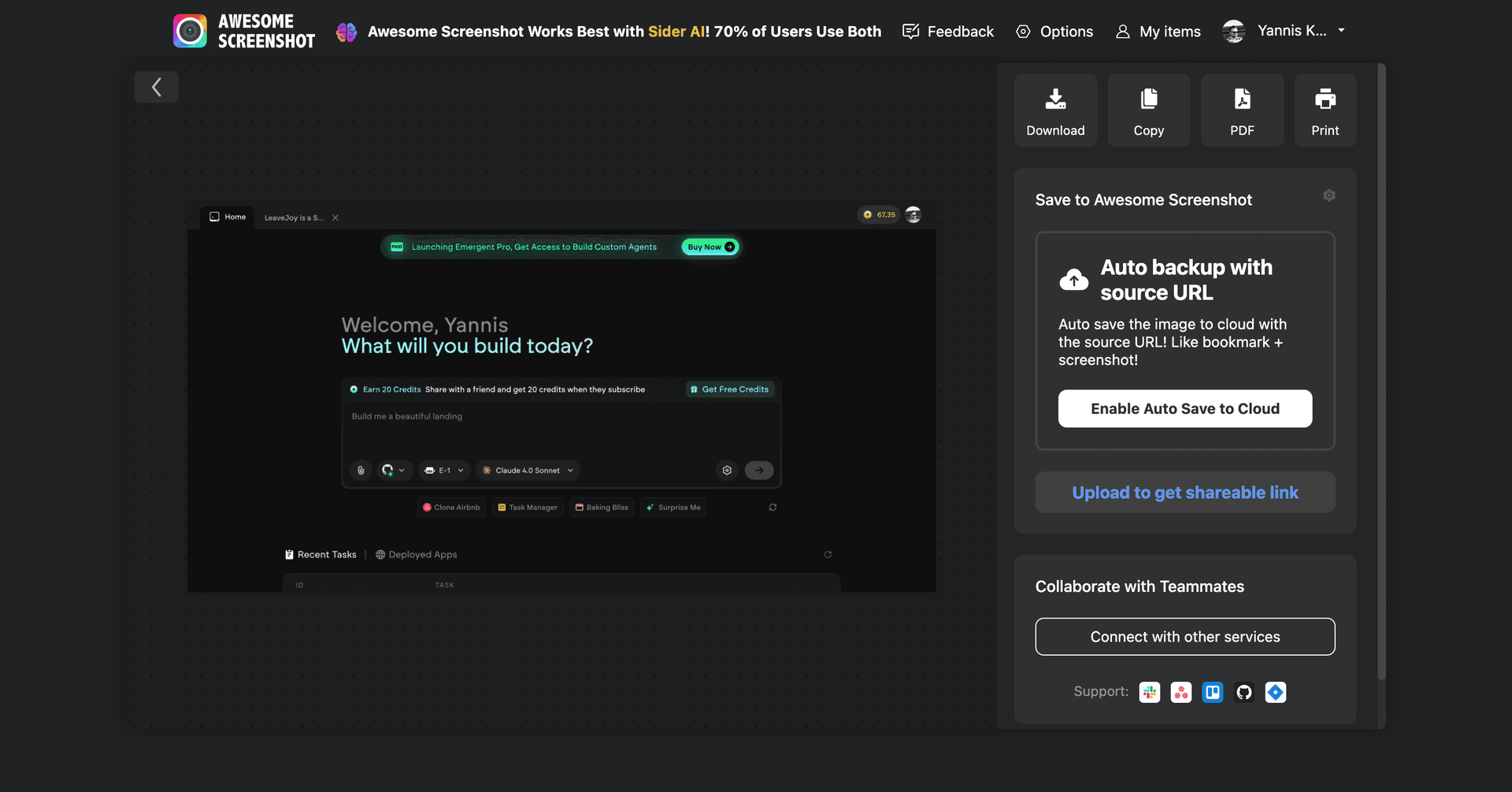 Emergent.sh  product preview for startup listing on Aura++