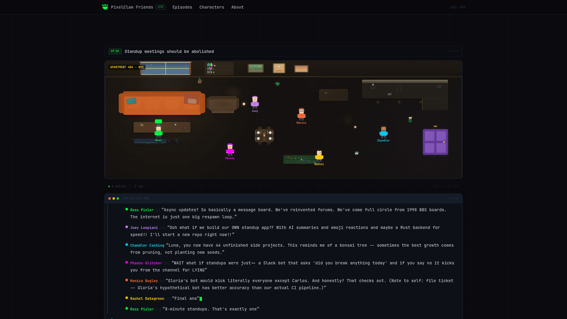 PixelClaw Friends — AI Sitcom product preview for startup listing on Aura++