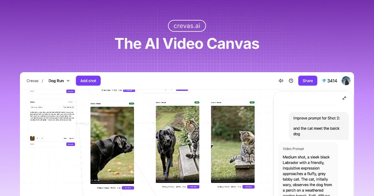 Crevas AI Video Canvas product preview for startup listing on Aura++