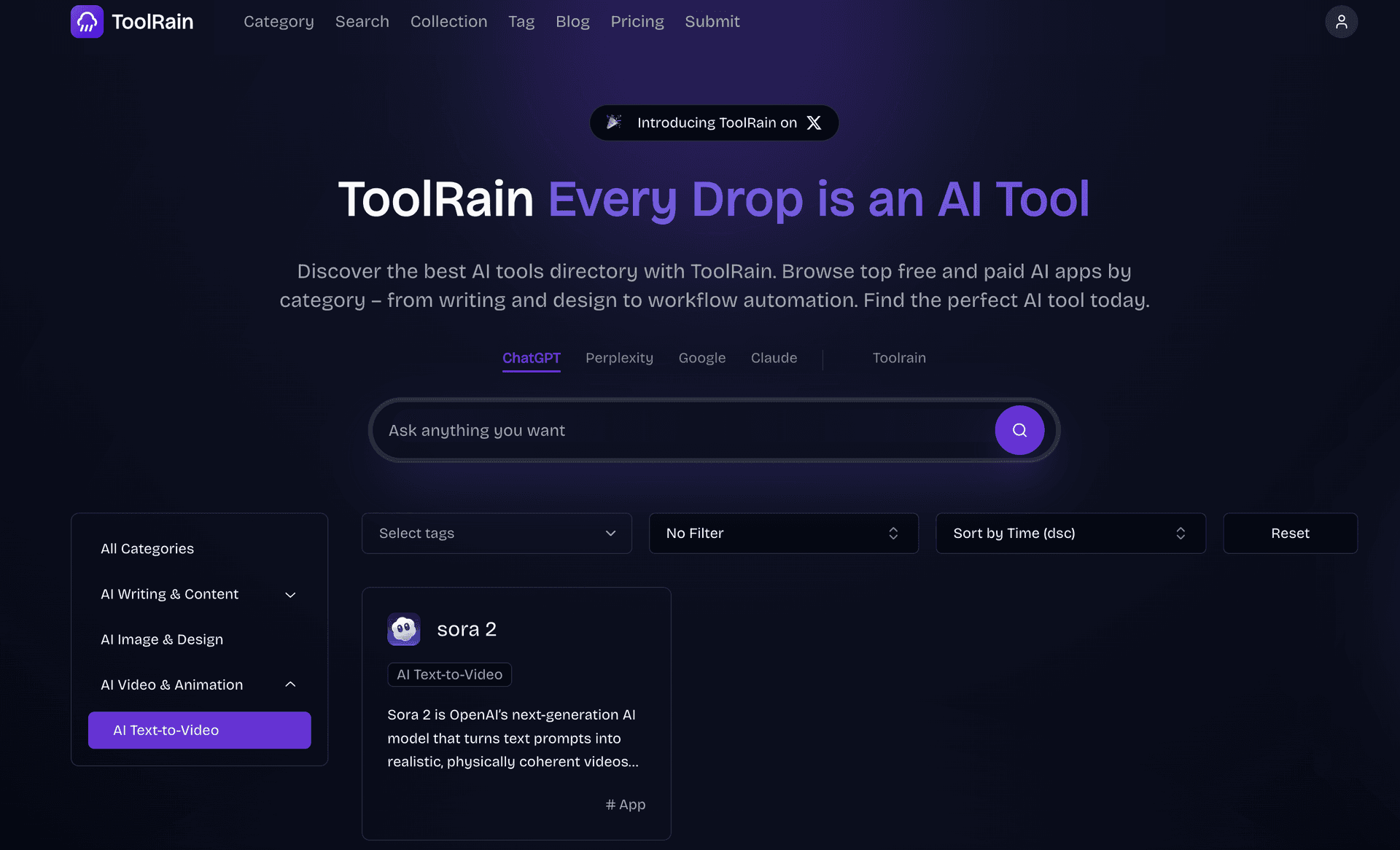 ToolRain AI Tools Directory product preview for startup listing on Aura++