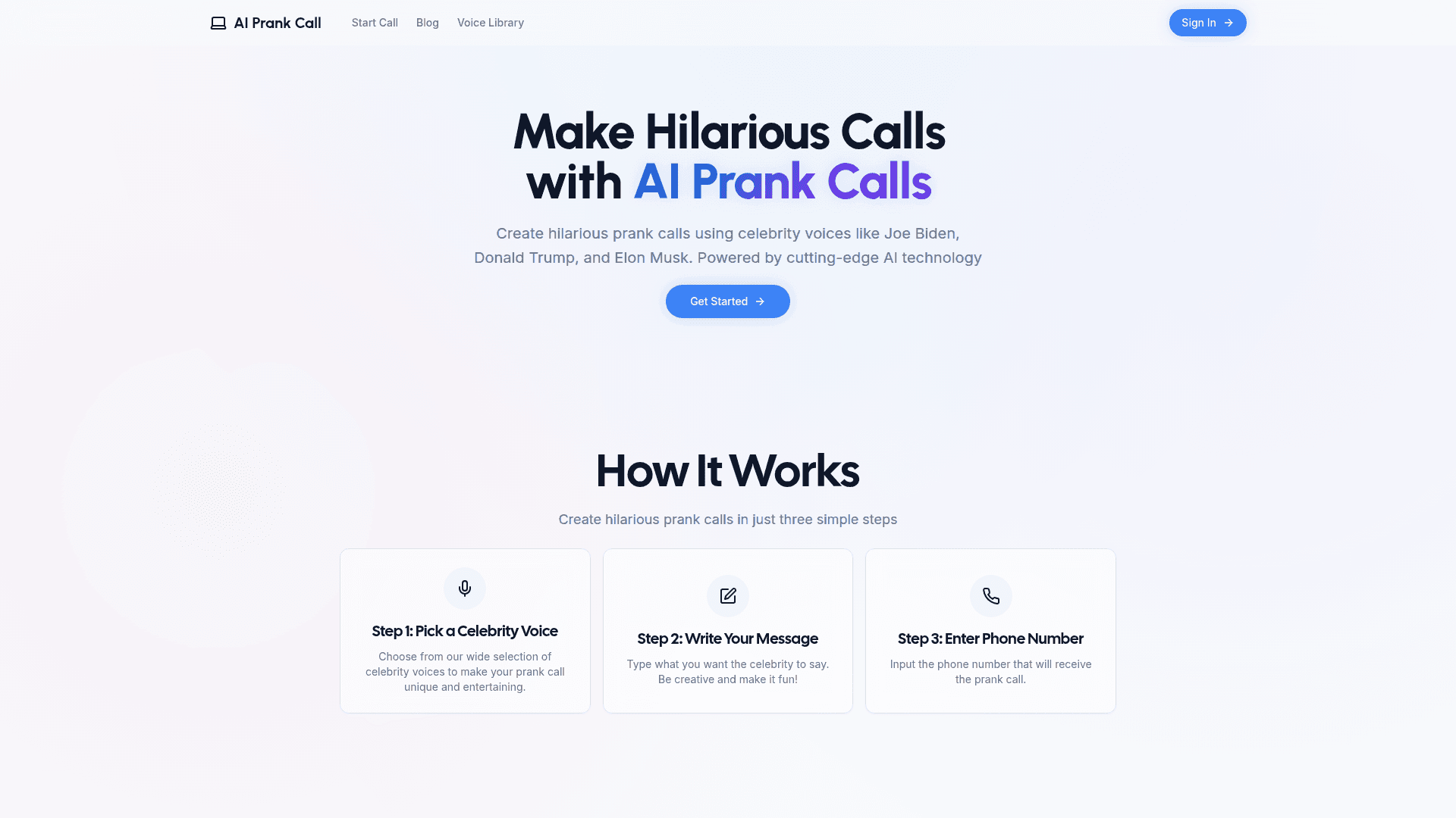 AI Celebrity Voice Prank Calls product preview for startup listing on Aura++