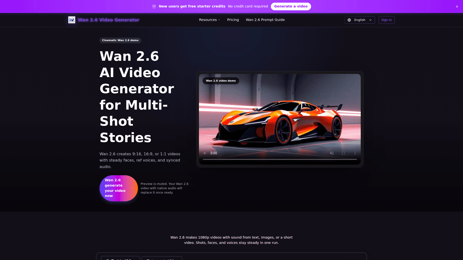 Wan 2.6 AI Video Generator product preview for startup listing on Aura++