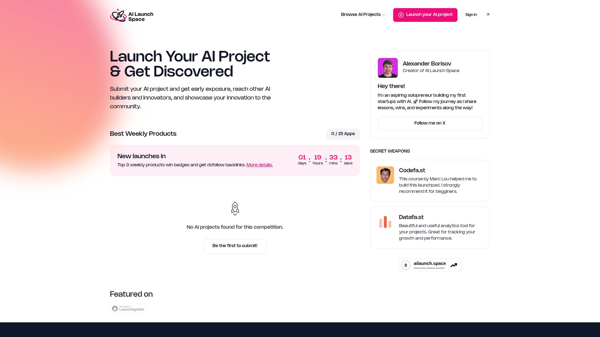 AI Launch Space product preview for startup listing on Aura++
