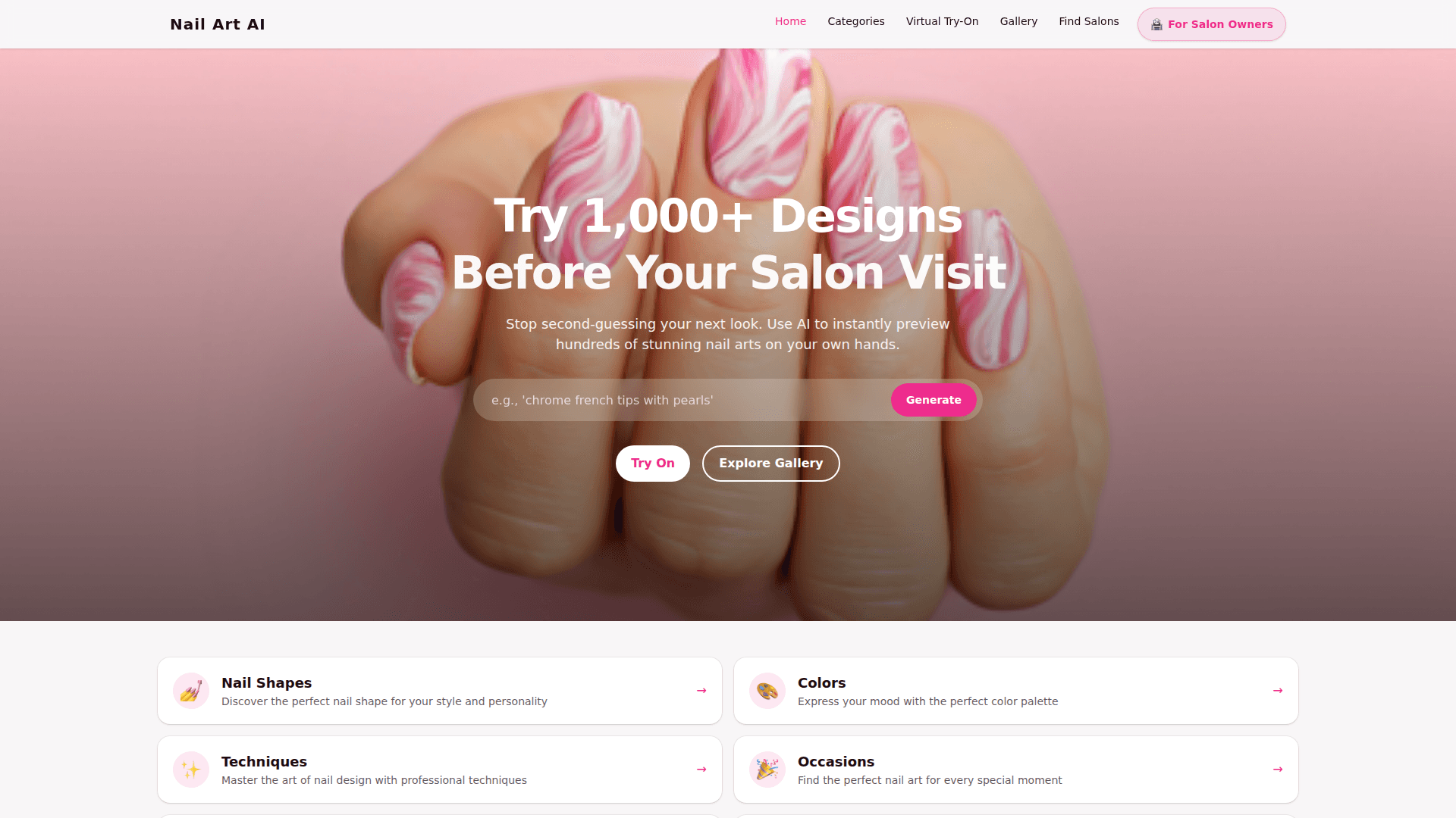 AI Virtual Nail Art Try-On product preview for startup listing on Aura++