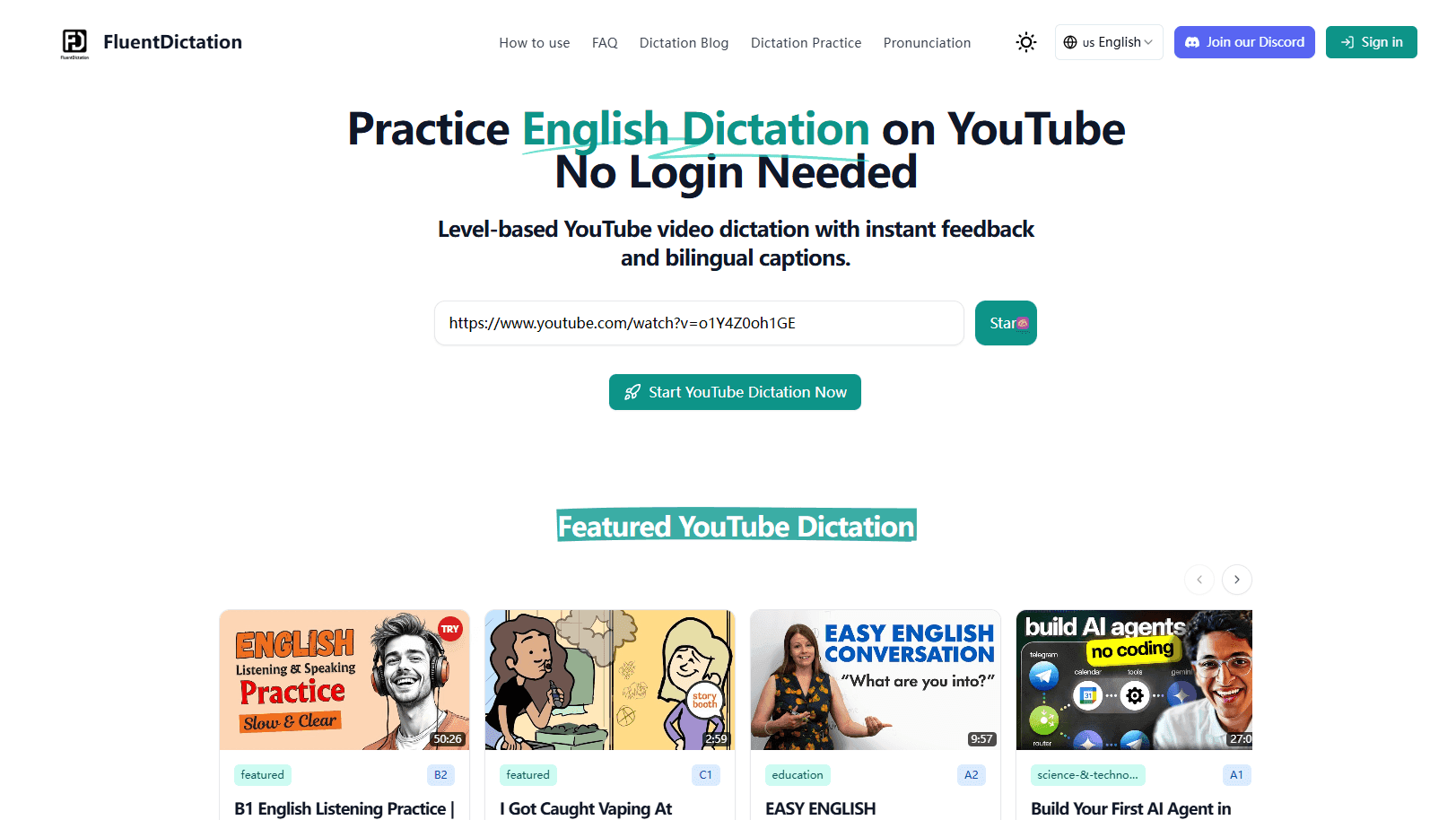FluentDictation - Interactive YouTube English Practice product preview for startup listing on Aura++
