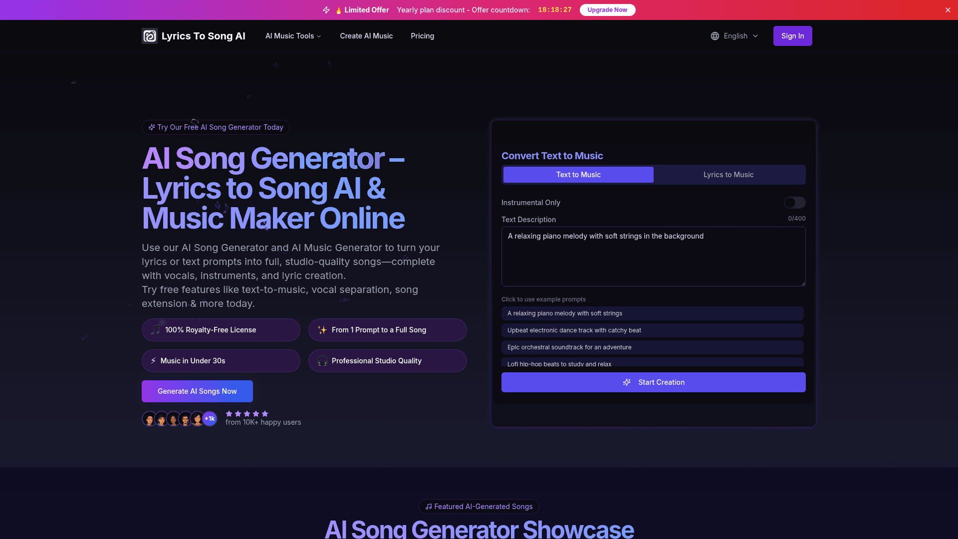 AI Music & Song Generator Platform product preview for startup listing on Aura++