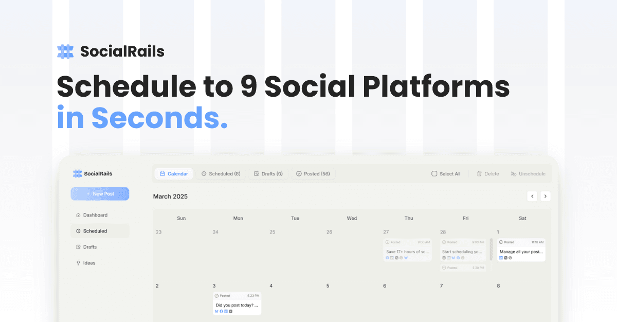 SocialRails - Social Media Management Platform product preview for startup listing on Aura++