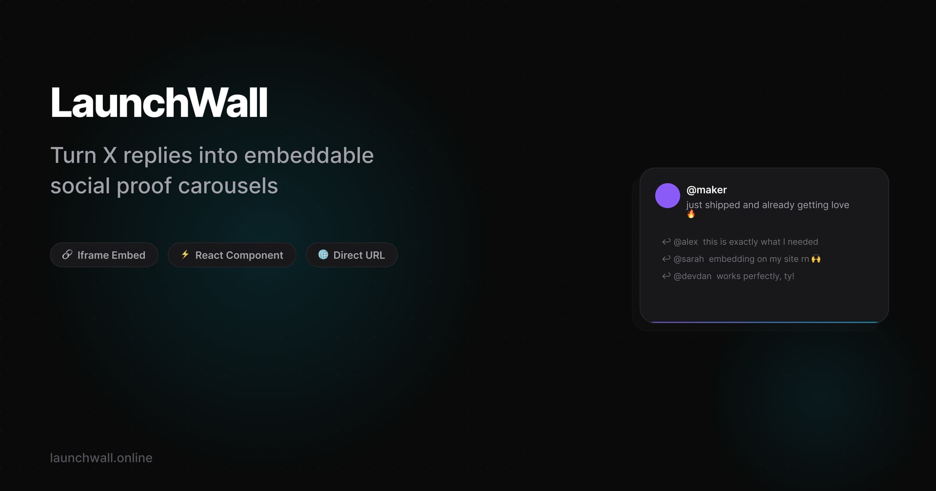 LaunchWall - Embeddable Social Proof Carousels product preview for startup listing on Aura++
