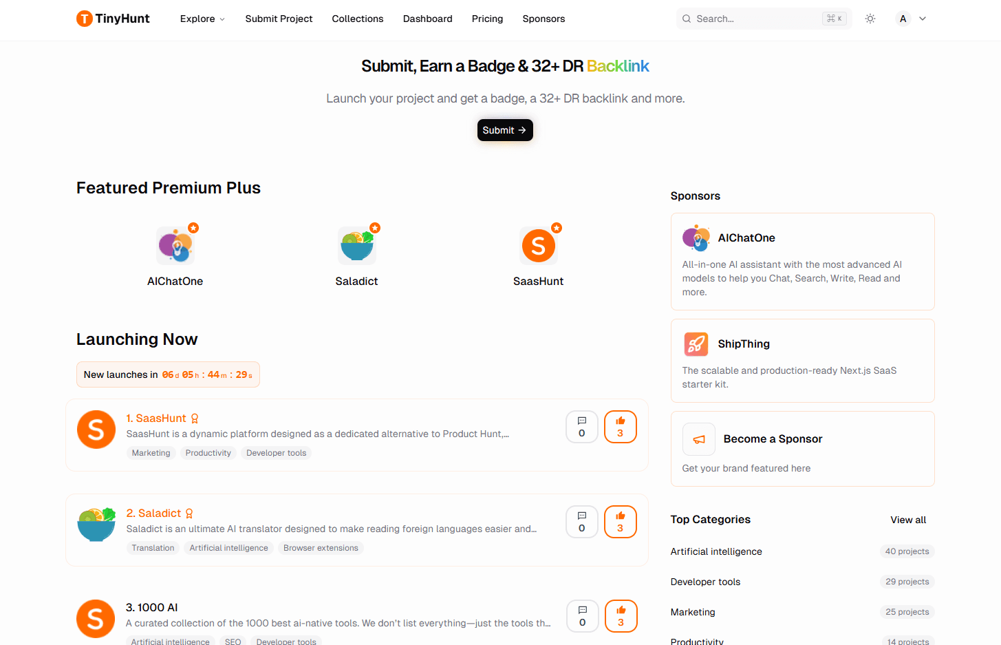TinyHunt - Discover Top Tech Products product preview for startup listing on Aura++