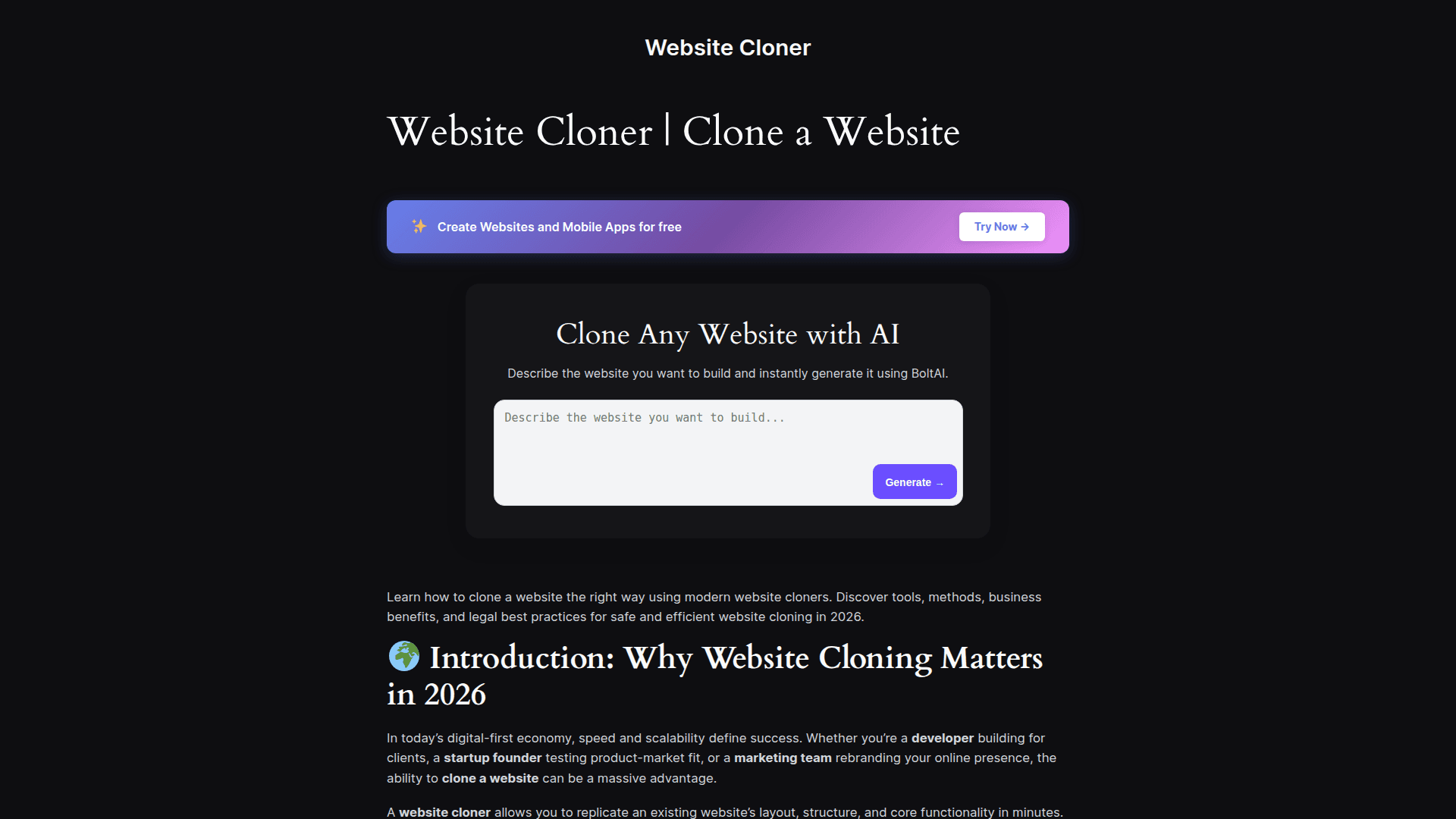 Website Cloner product preview for startup listing on Aura++