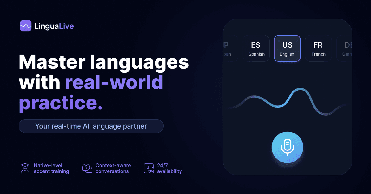 LinguaLive AI Language Practice product preview for startup listing on Aura++