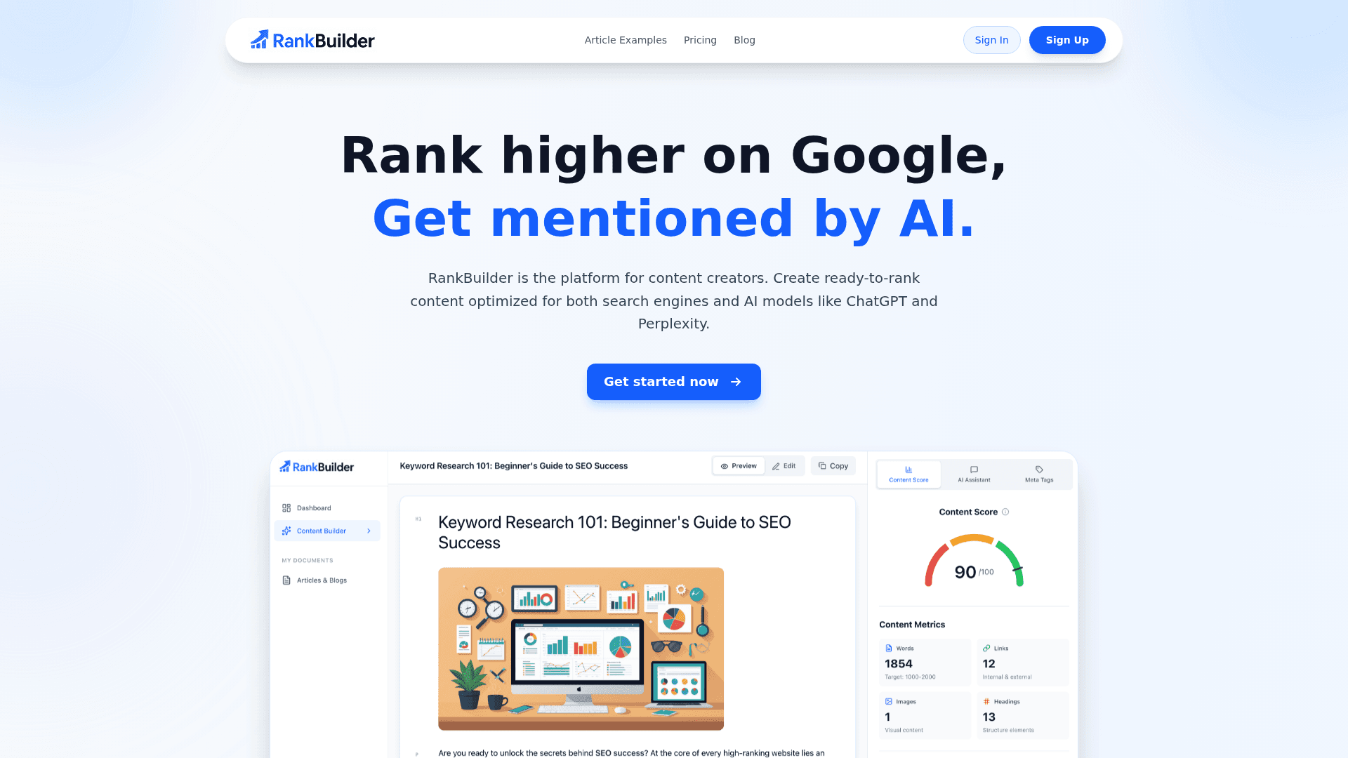 RankBuilder AI SEO Platform product preview for startup listing on Aura++