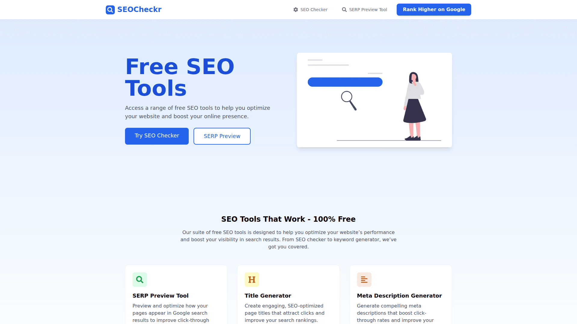 SEOCheckr - Free SEO Tools Suite product preview for startup listing on Aura++