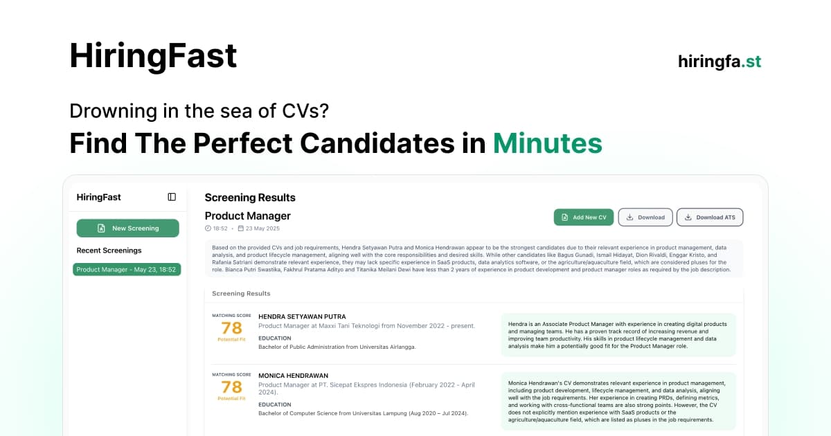 HiringFast AI Resume Screening Platform product preview for startup listing on Aura++