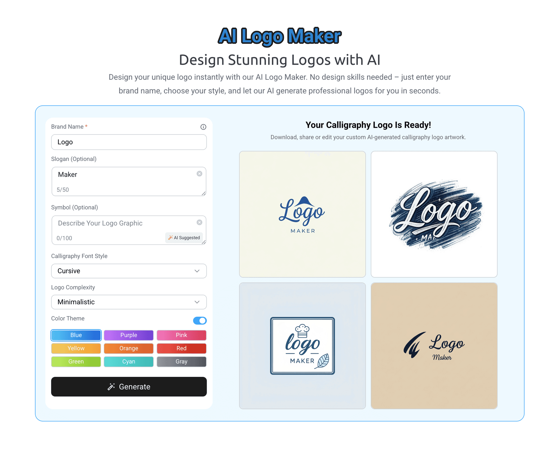 AI Logo Maker product preview for startup listing on Aura++