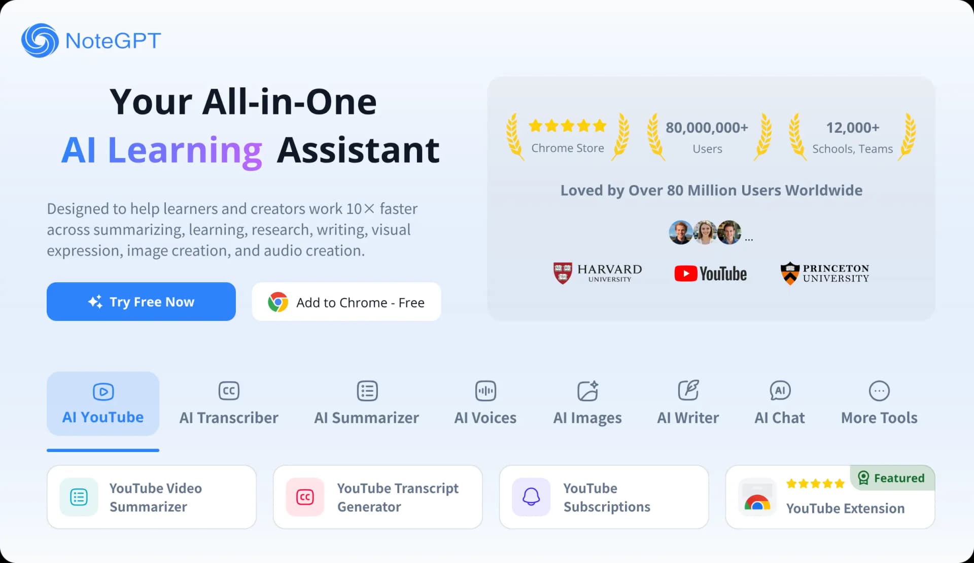 NoteGPT: AI Learning & Content Assistant product preview for startup listing on Aura++