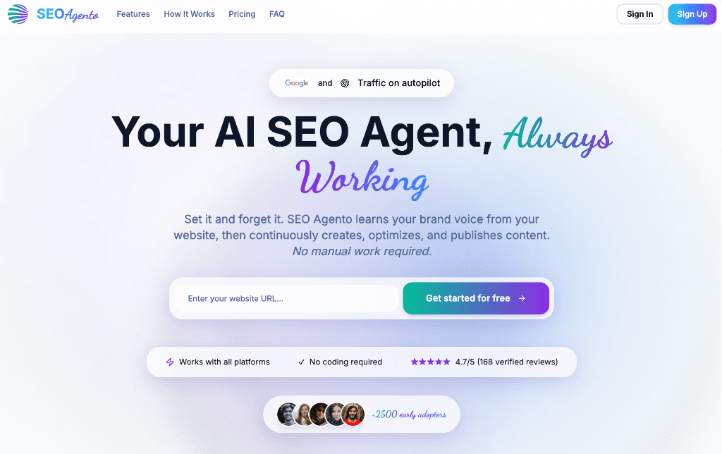 SEO Agento product preview for startup listing on Aura++