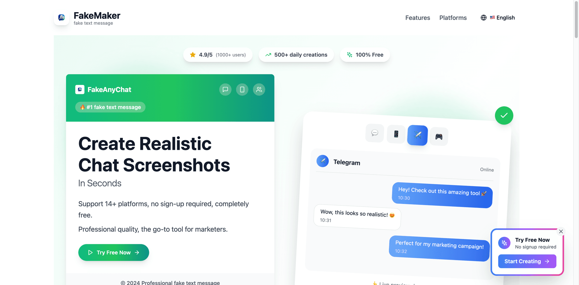Fake Message Screenshot Generator product preview for startup listing on Aura++