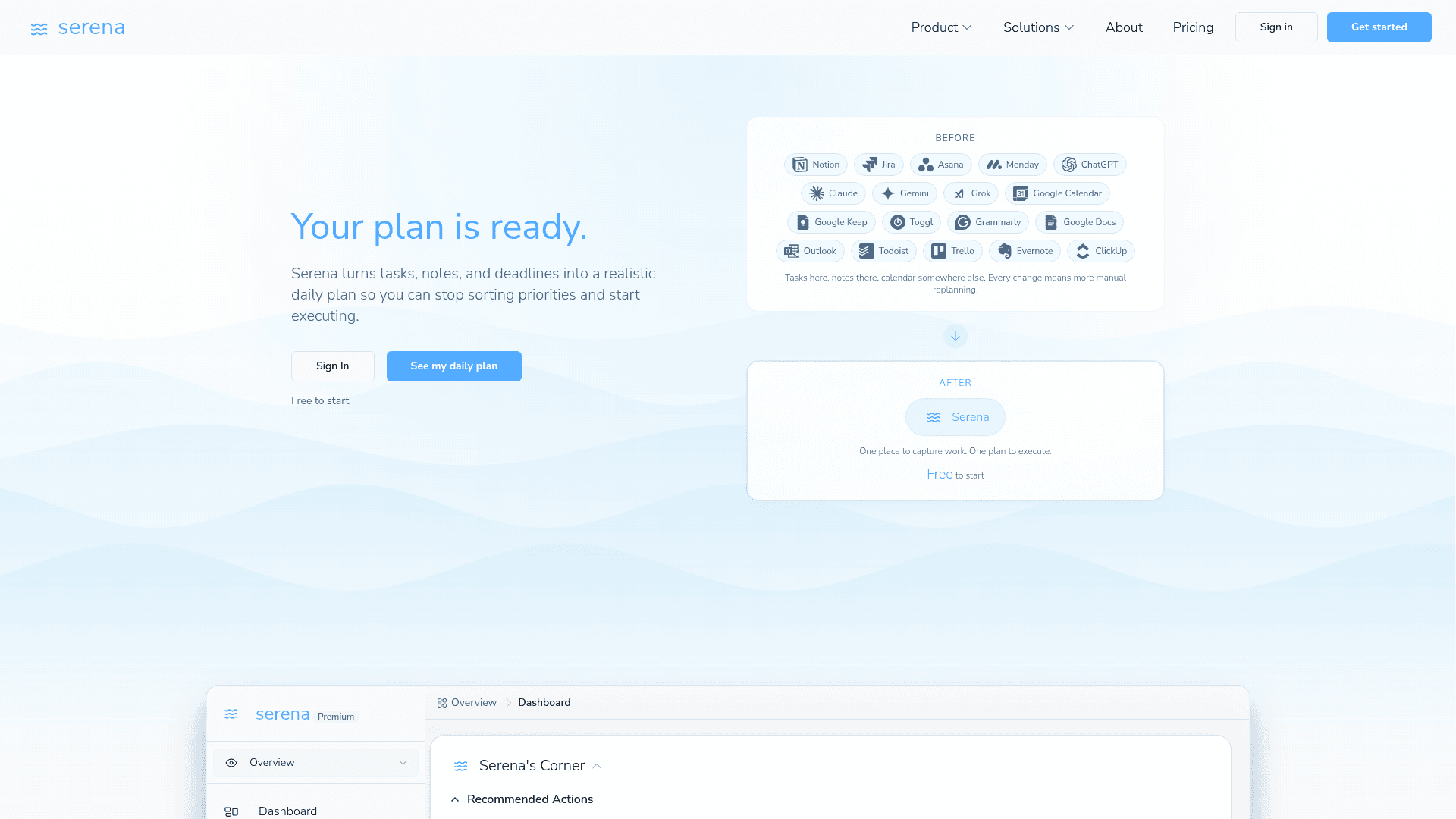 Serena product preview for startup listing on Aura++